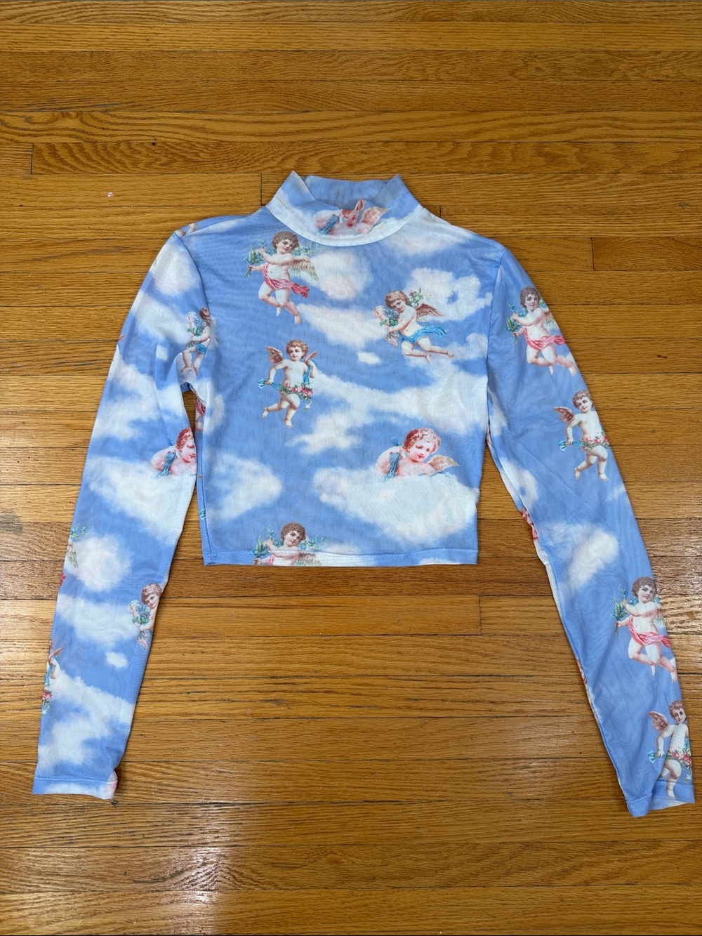 Blue Cherub Cloud Print Long-Sleeve Crop Top